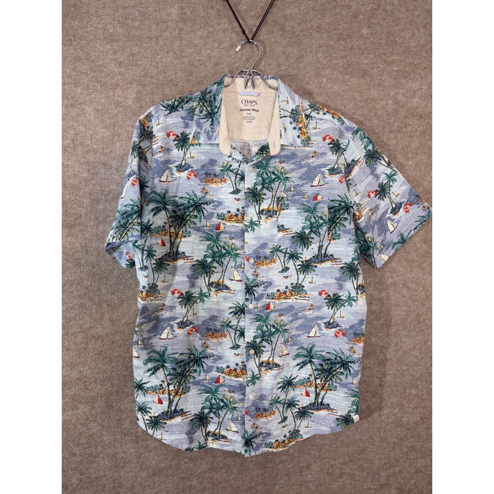Chaps Seacoast Wash Shirt Mens Large Blue Tropical Palm Tree Linen Blend Beach
